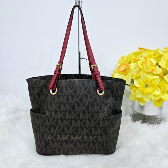 Michael Kors Jet Set Brown/Cherry Signature Logo Tote Shoulder Bag - Picture 3 of 16